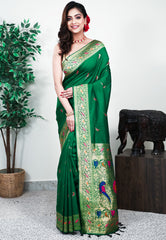 Bottle Green Minakari Mashru Silk Saree with Blouse Piece