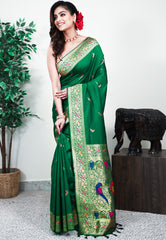 Bottle Green Minakari Mashru Silk Saree with Blouse Piece