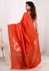 Vibrant Orange Tussar Silk Saree with Blouse Piece - Adi Akshoy & Co.