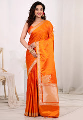 Vibrant Orange Mashru Silk Saree with Blouse Piece - Adi Akshoy & Co.