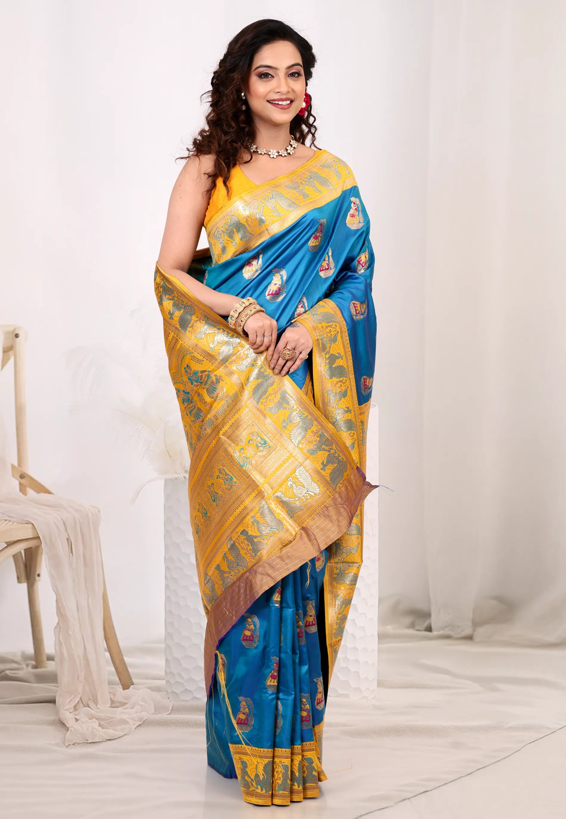 Cross Blue Baluchari Silk Saree with Blouse Piece - Adi Akshoy & Co.