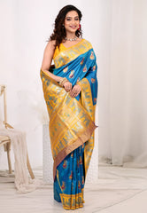Cross Blue Baluchari Silk Saree with Blouse Piece - Adi Akshoy & Co.