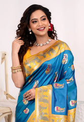 Cross Blue Baluchari Silk Saree with Blouse Piece - Adi Akshoy & Co.