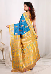 Cross Blue Baluchari Silk Saree with Blouse Piece - Adi Akshoy & Co.