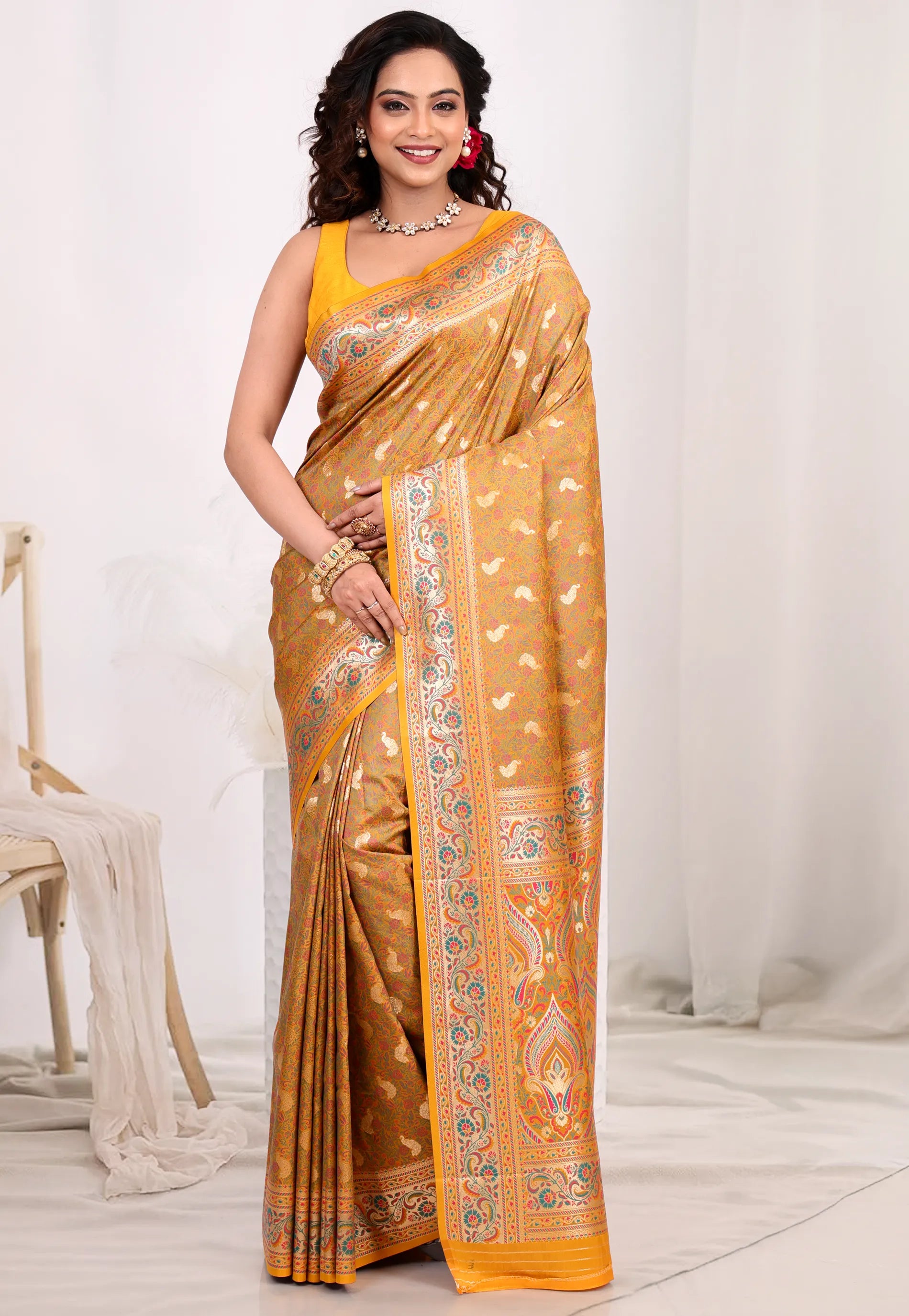 Mustard Yellow Kanjivaram Silk Saree with Blouse Piece - Adi Akshoy & Co.