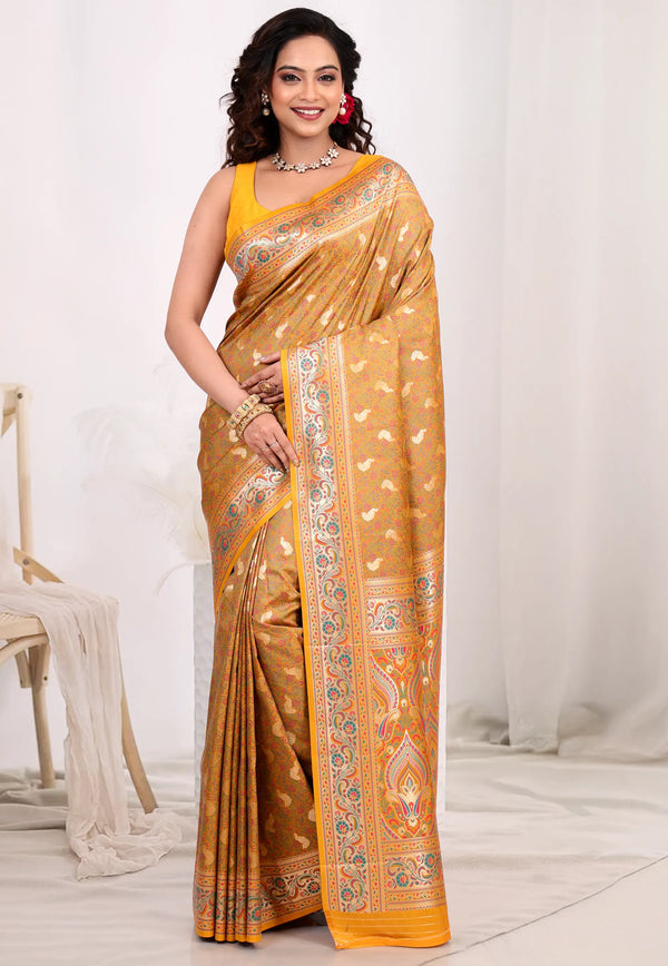 Mustard Yellow Kanjivaram Silk Saree with Blouse Piece - Adi Akshoy & Co.