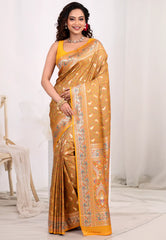 Mustard Yellow Kanjivaram Silk Saree with Blouse Piece - Adi Akshoy & Co.