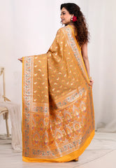 Mustard Yellow Kanjivaram Silk Saree with Blouse Piece - Adi Akshoy & Co.