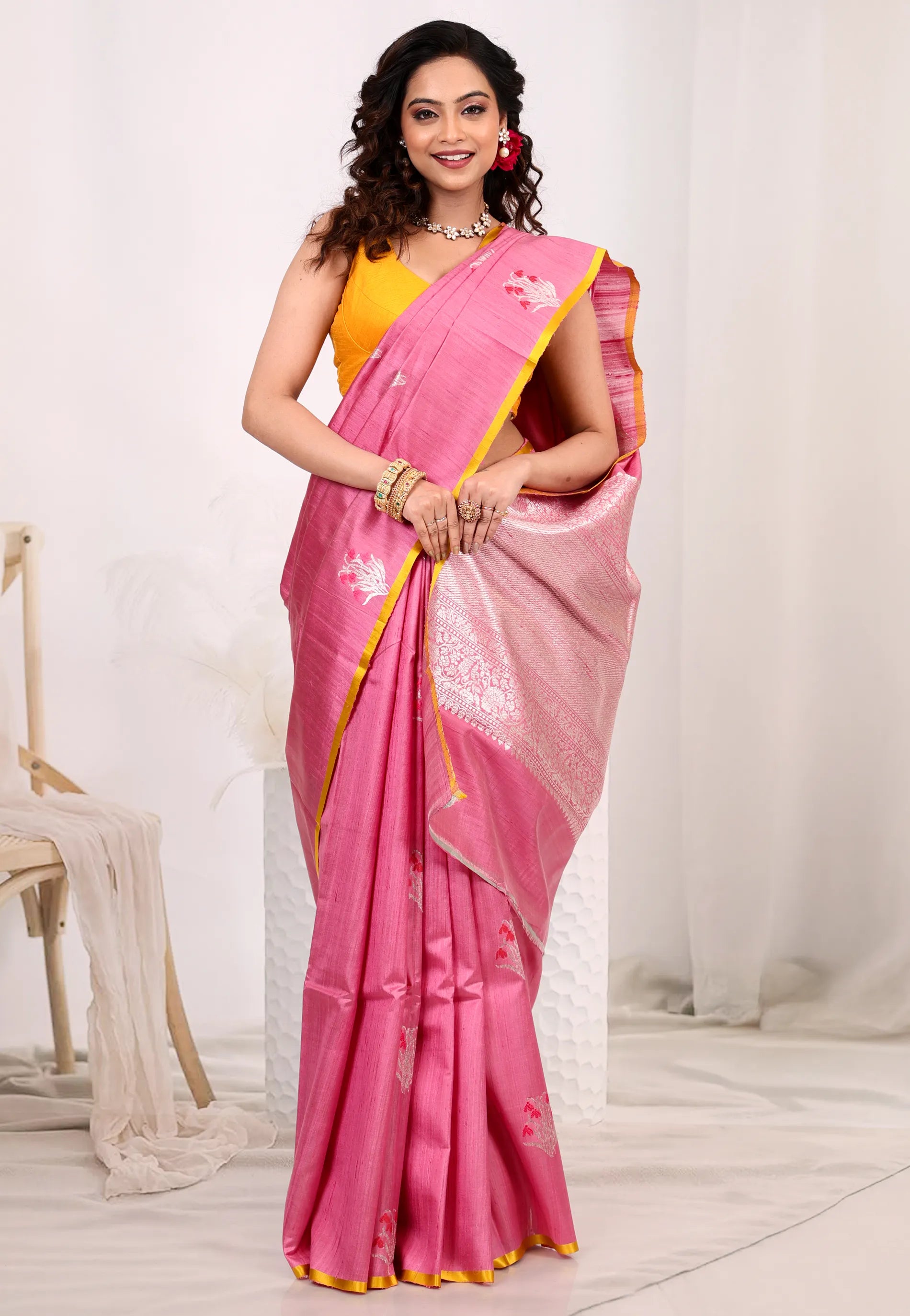 Onion Pink Pure Tussar Silk Saree with Blouse Piece - Adi Akshoy & Co.