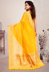 Yellow Pure Kora Silk Saree with Blouse Piece - Adi Akshoy & Co.