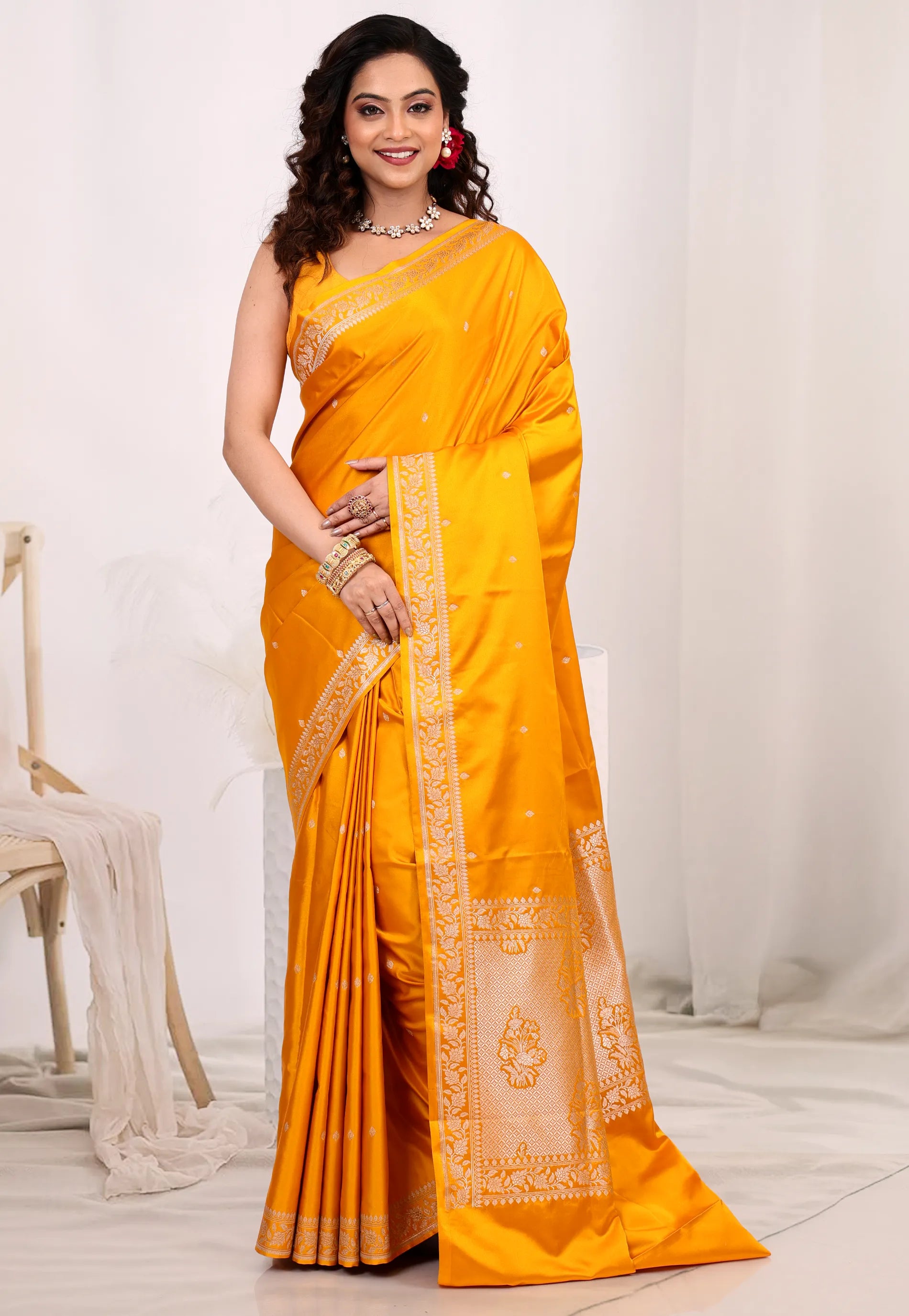 Mustard Yellow Mashru Silk Saree with Blouse Piece - Adi Akshoy & Co.