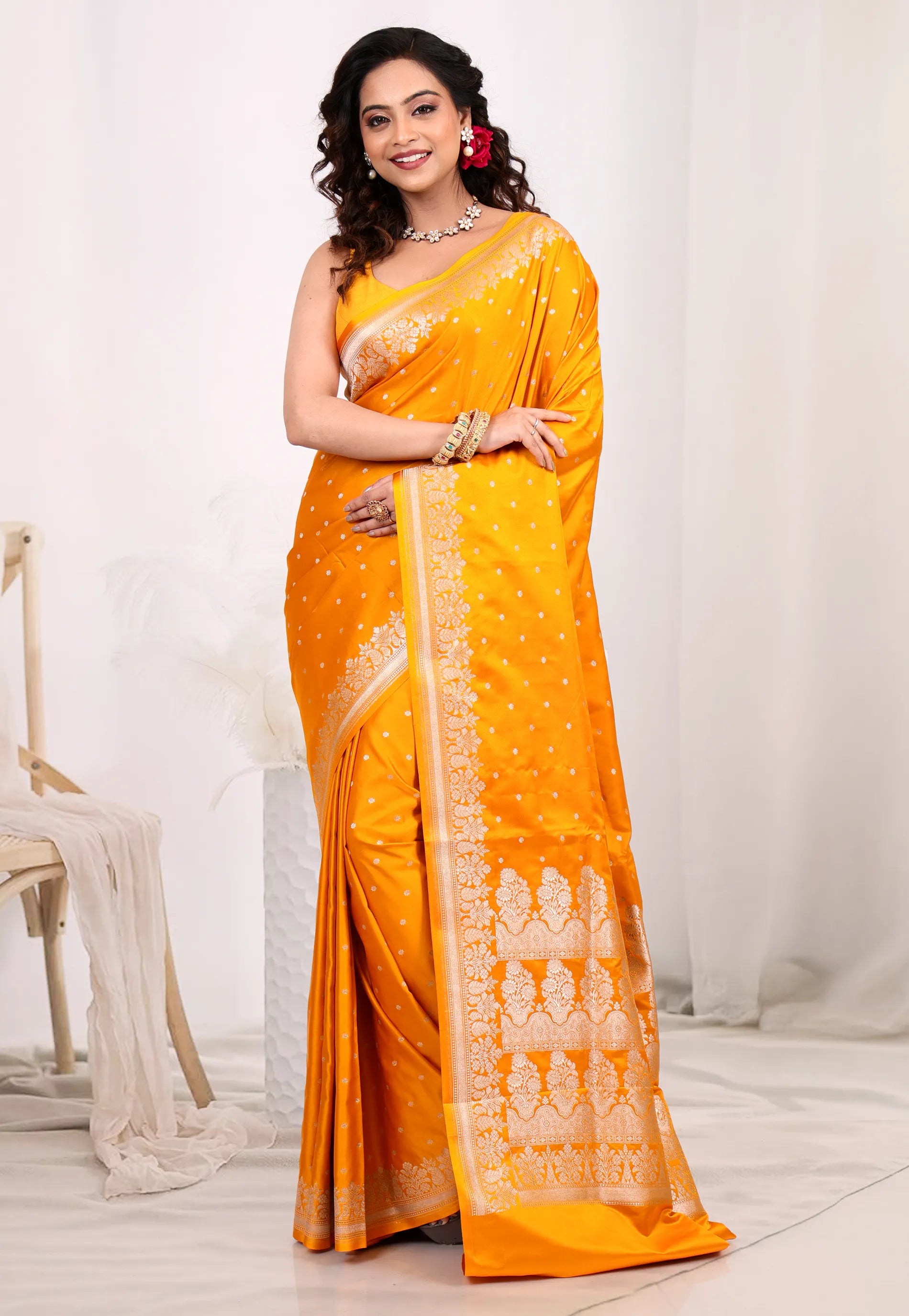 Mustard Yellow Mashru Silk Saree with Blouse Piece - Adi Akshoy & Co.