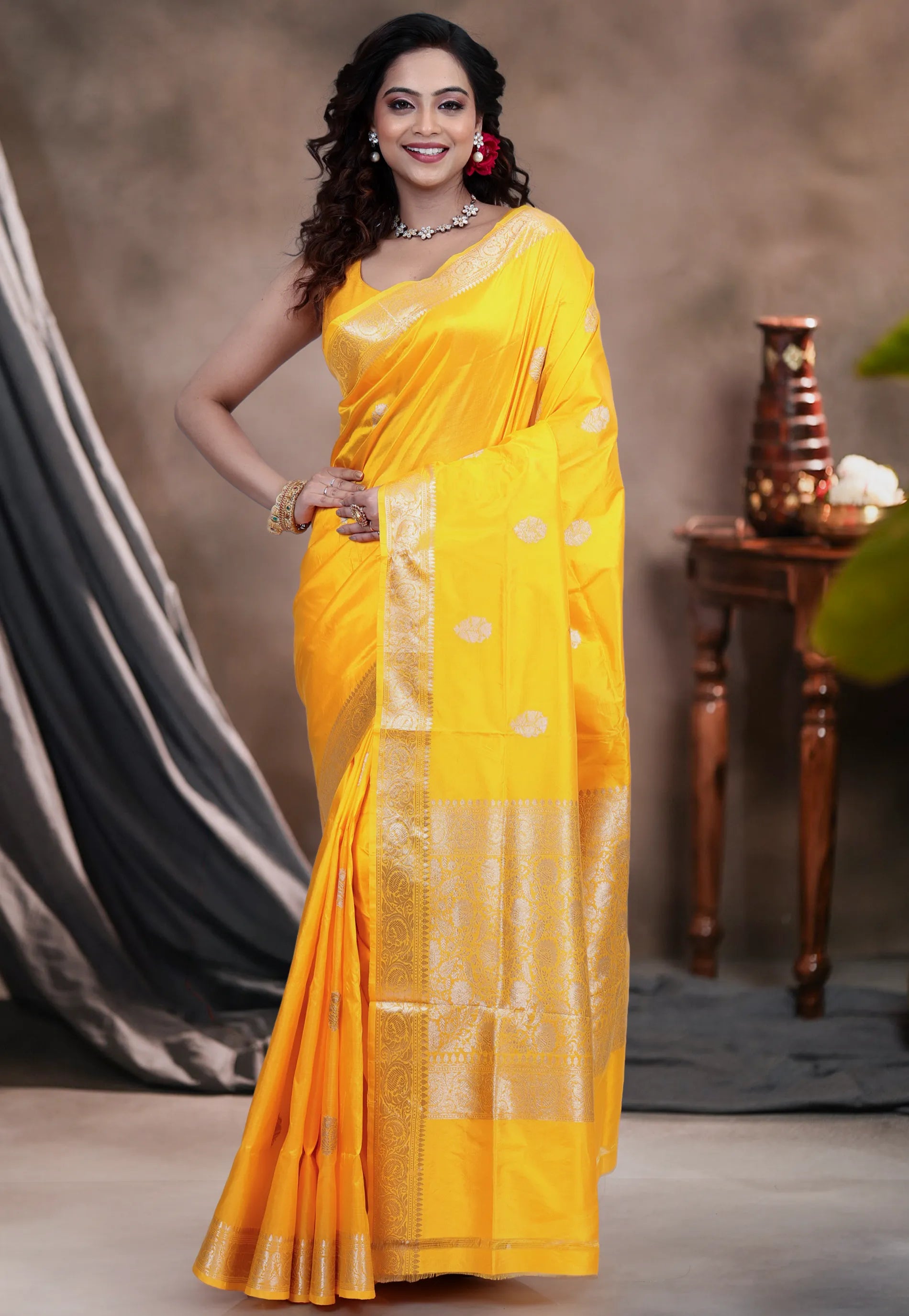Yellow Pure Katan Silk Saree with Blouse Piece - Adi Akshoy & Co.