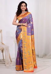 Cross Purple Baluchari Silk Saree with Blouse Piece - Adi Akshoy & Co.