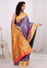 Cross Purple Baluchari Silk Saree with Blouse Piece - Adi Akshoy & Co.