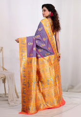 Cross Purple Baluchari Silk Saree with Blouse Piece - Adi Akshoy & Co.