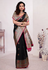 Black Kani Silk Saree With Blouse Piece - Adi Akshoy & Co.