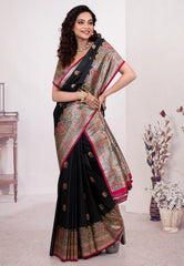 Black Kani Silk Saree With Blouse Piece - Adi Akshoy & Co.
