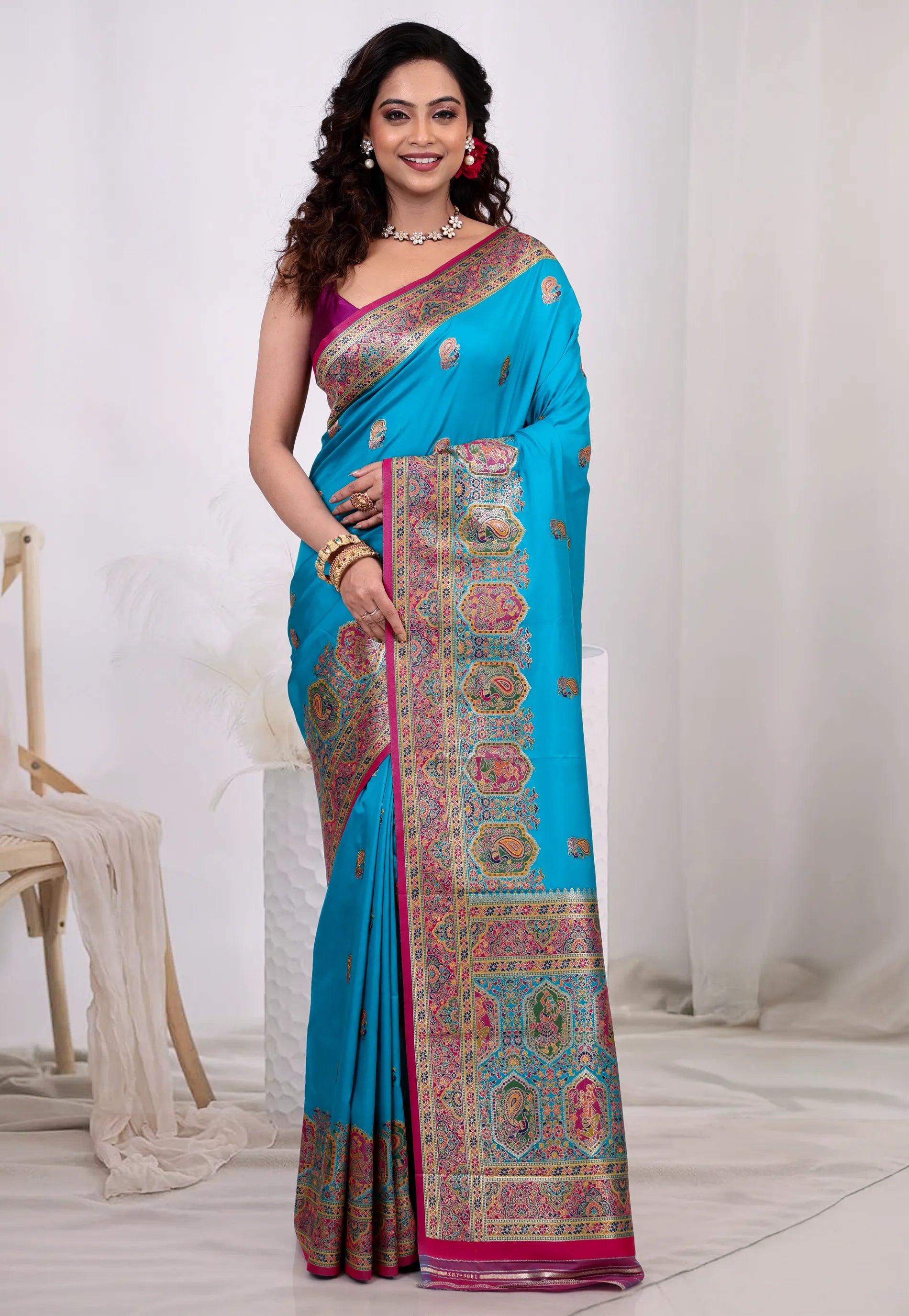 Feroza Blue Kani Silk Saree With Blouse Piece - Adi Akshoy & Co.