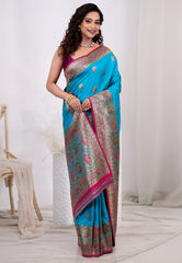 Feroza Blue Kani Silk Saree With Blouse Piece - Adi Akshoy & Co.