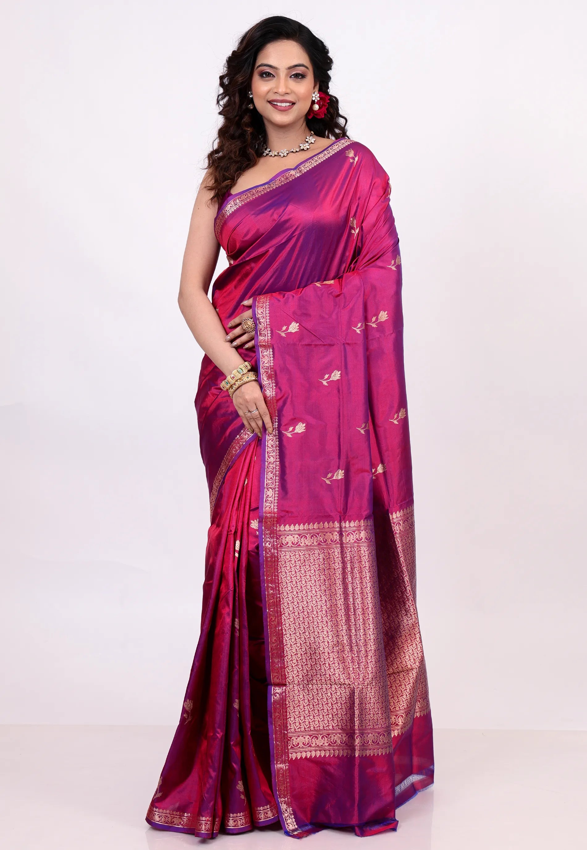 Magenta Pure Katan Silk Saree with Blouse Piece - Adi Akshoy & Co.