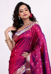 Magenta Pure Katan Silk Saree with Blouse Piece - Adi Akshoy & Co.