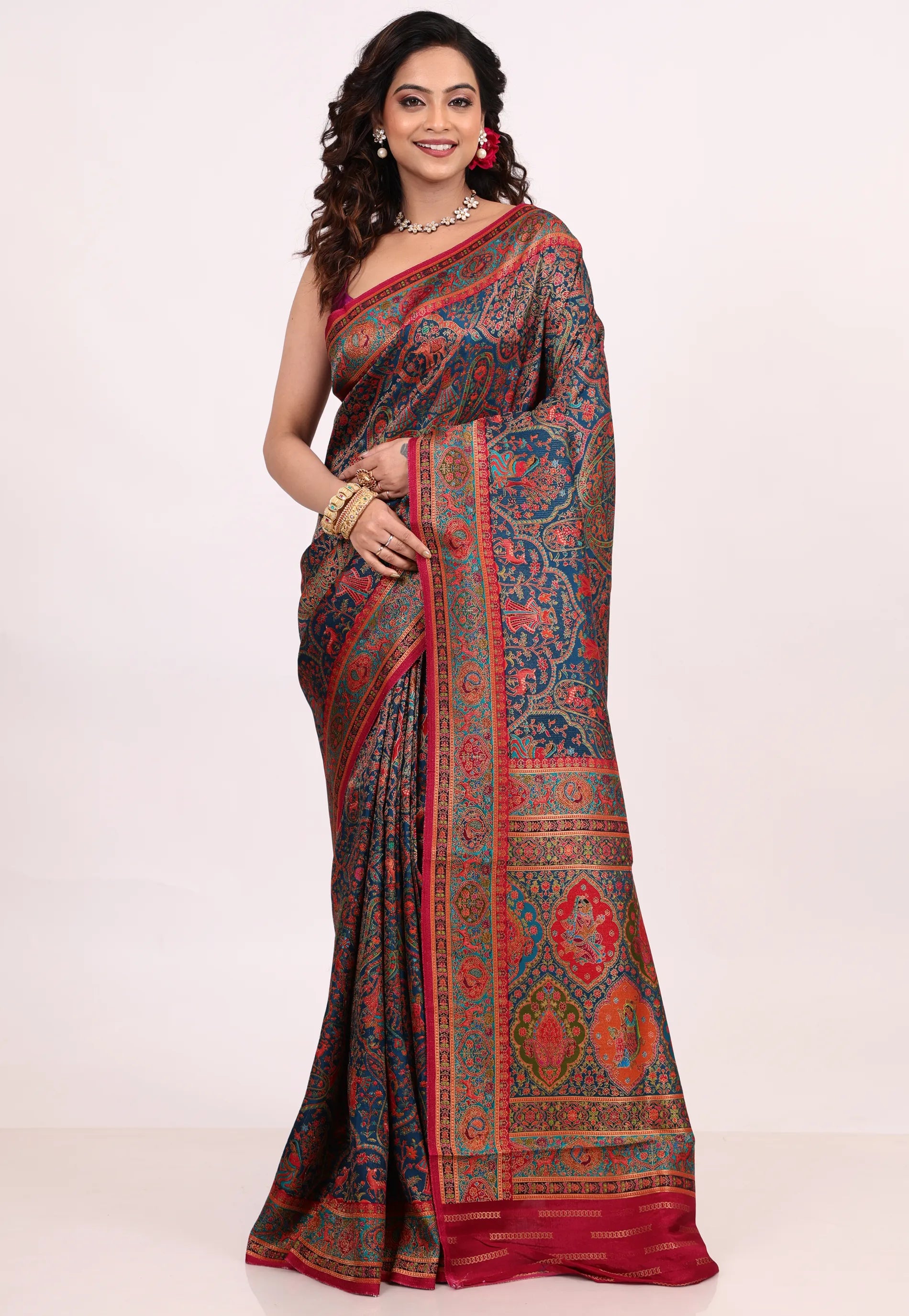 Blue Kani Silk Saree With Blouse Piece - Adi Akshoy & Co.