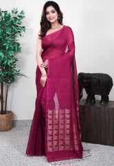 Magenta Kora Handloom Pure Silk Saree With Blouse Piece