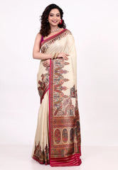 Cream Colour Kani Silk Saree With Blouse Piece - Adi Akshoy & Co.