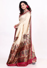 Cream Colour Kani Silk Saree With Blouse Piece - Adi Akshoy & Co.