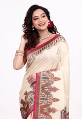 Cream Colour Kani Silk Saree With Blouse Piece - Adi Akshoy & Co.