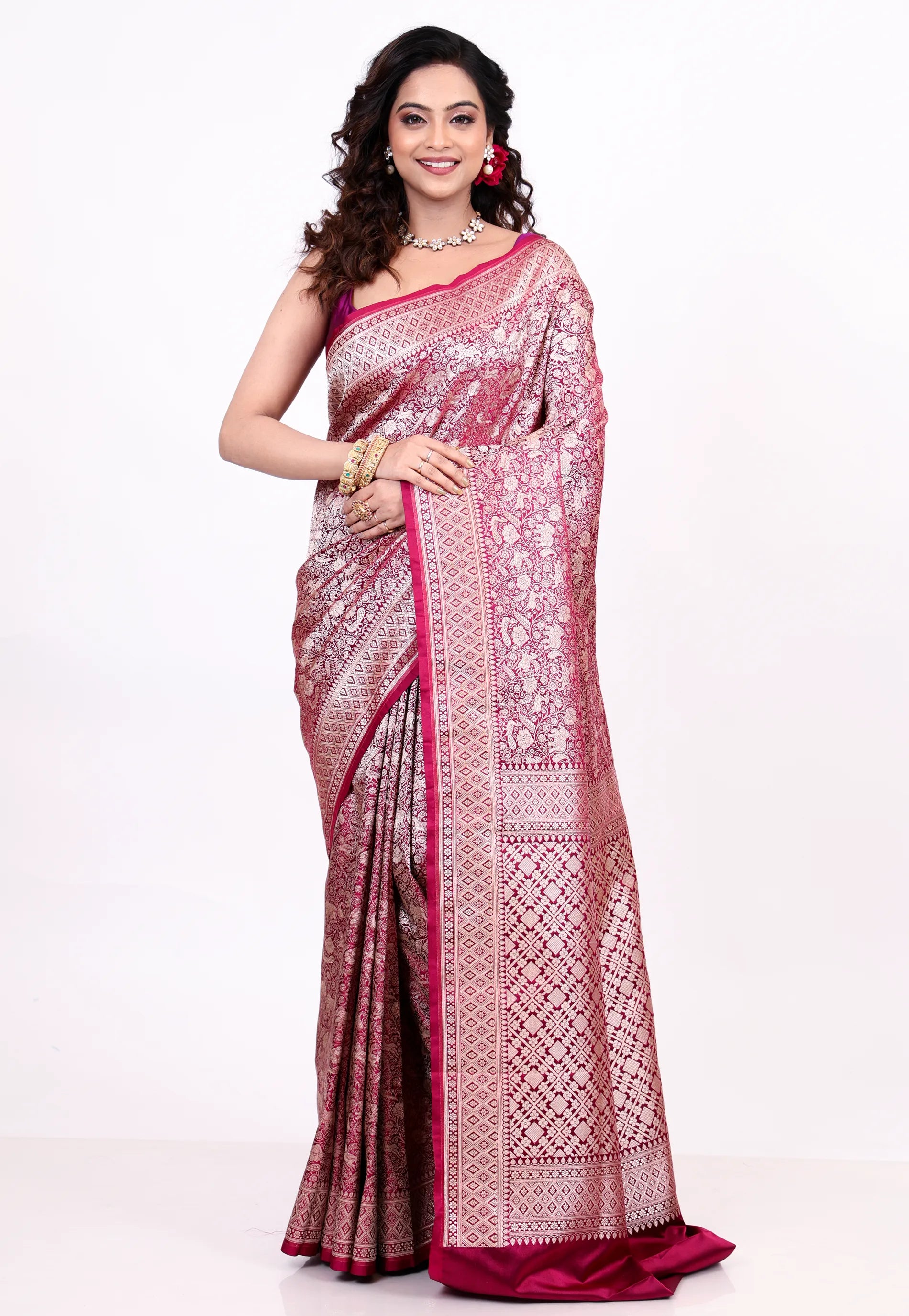 Magenta Shikargah Katan Silk Saree With Blouse Piece - Adi Akshoy & Co.