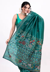 Bottle Green Crush Tissue Kantha Silk Saree With Blouse Piece - Adi Akshoy & co.