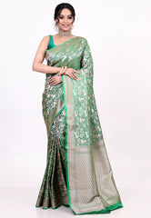 Bottle Green Shikargah Katan Silk Saree With Blouse Piece