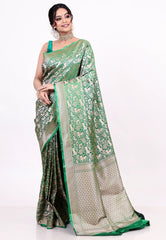 Bottle Green Shikargah Katan Silk Saree With Blouse Piece