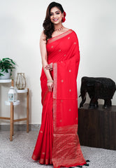 Red Mashru Silk Saree with Blouse Piece