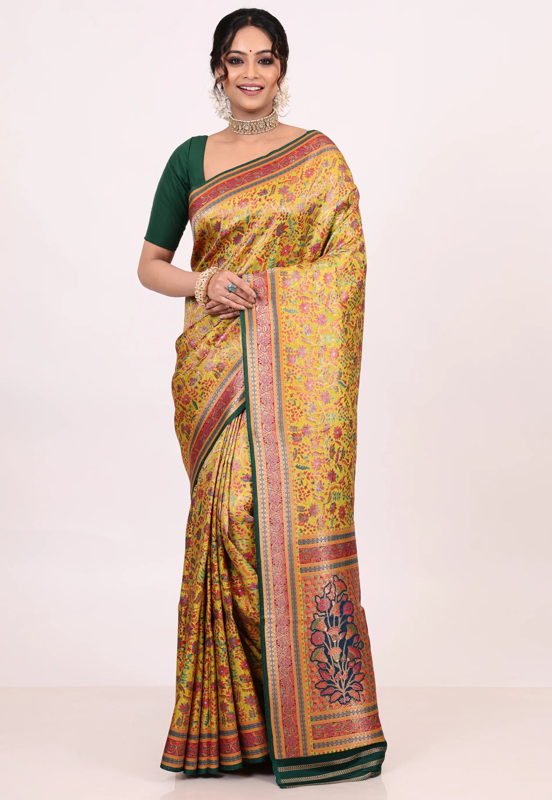 Mustard Yellow Kani Silk Saree With Blouse Piece - Adi Akshoy & Co.