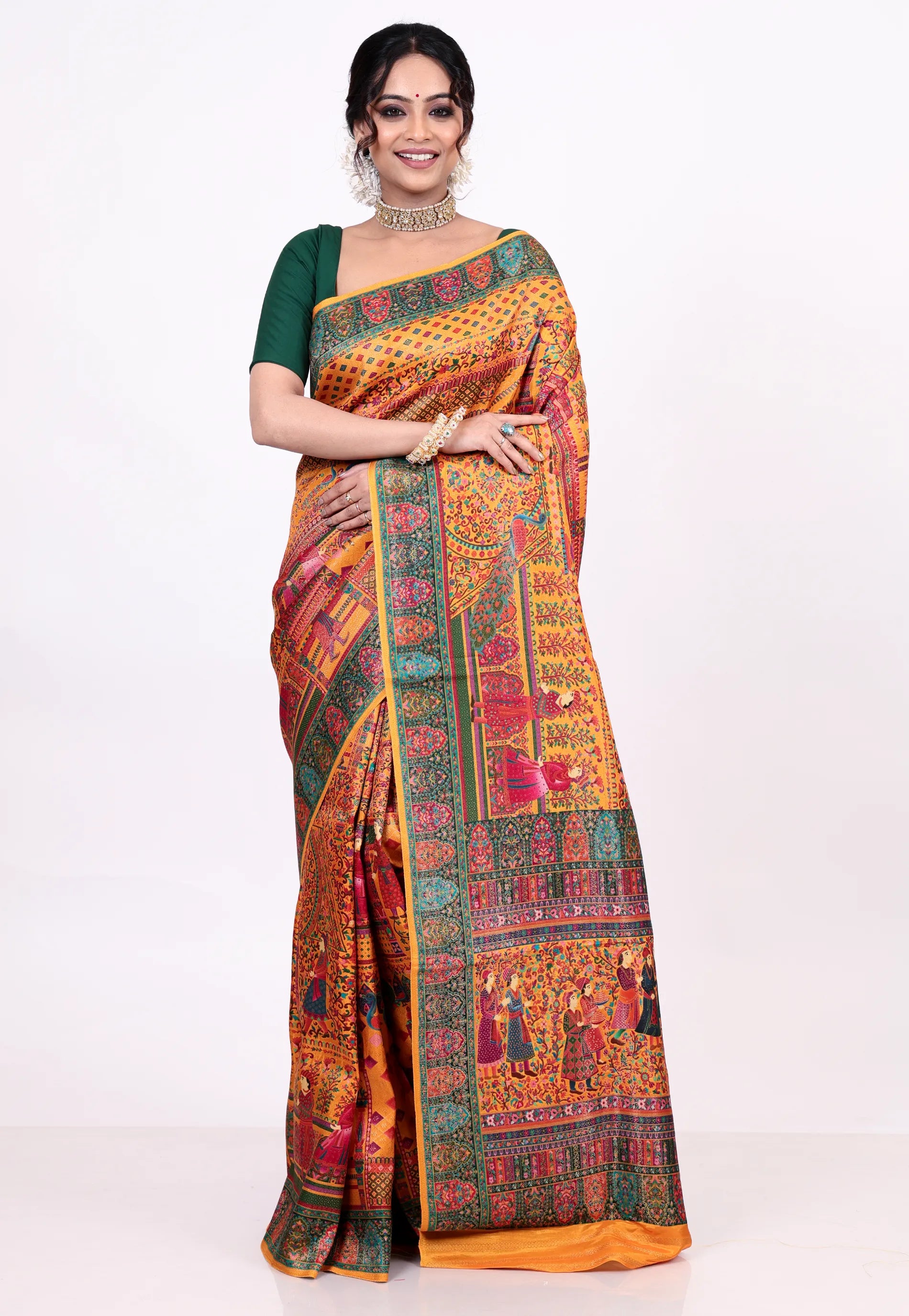 Saffron Orange Kani Silk Saree With Blouse Piece - Adi Akshoy & Co.
