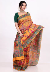 Saffron Orange Kani Silk Saree With Blouse Piece - Adi Akshoy & Co.