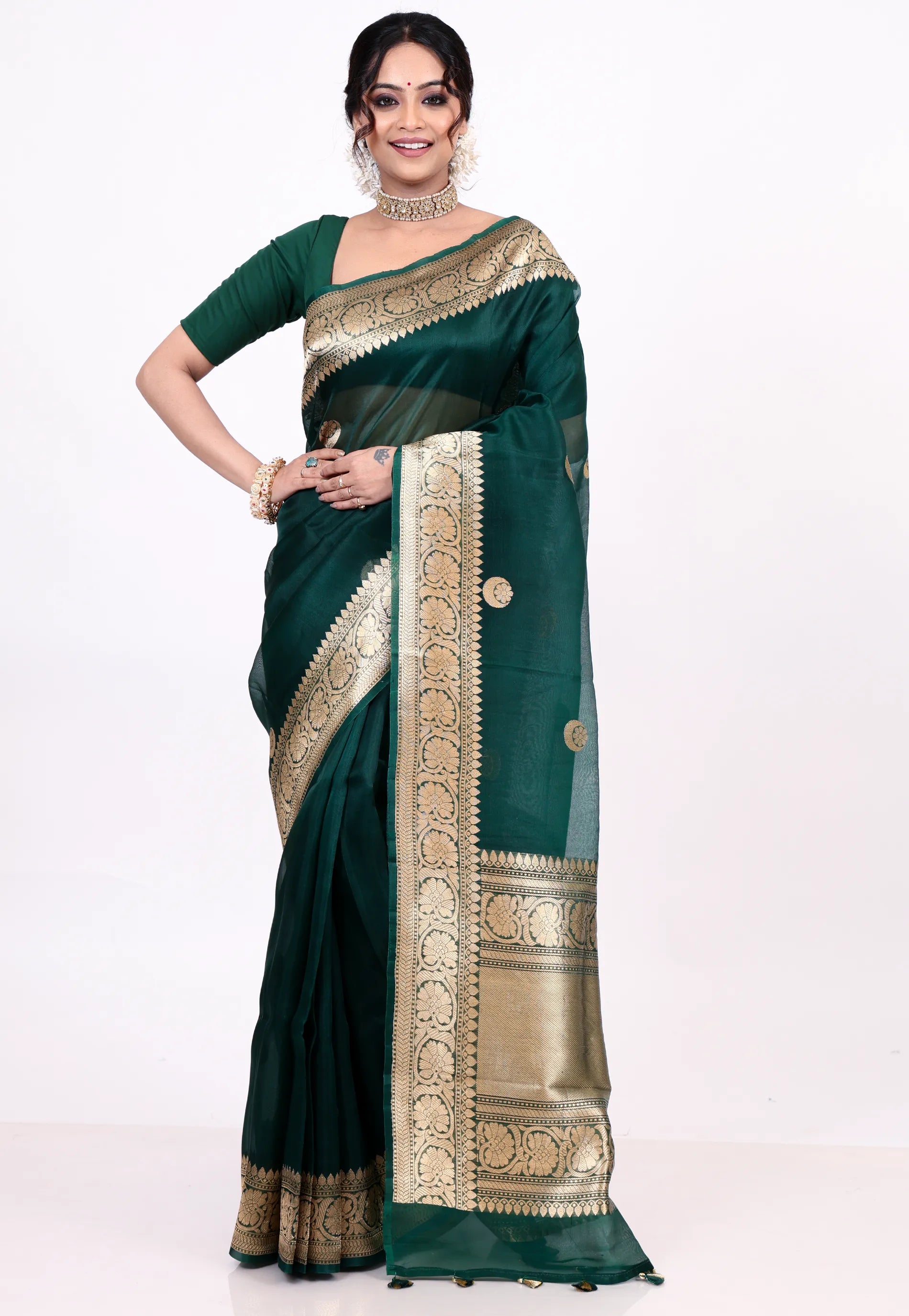 Rama Green Pure Kora Silk Saree with Blouse Piece - Adi Akshoy & Co.