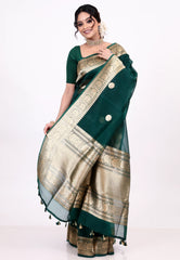 Rama Green Pure Kora Silk Saree with Blouse Piece - Adi Akshoy & Co.