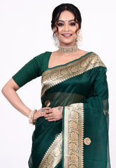 Rama Green Pure Kora Silk Saree with Blouse Piece - Adi Akshoy & Co.
