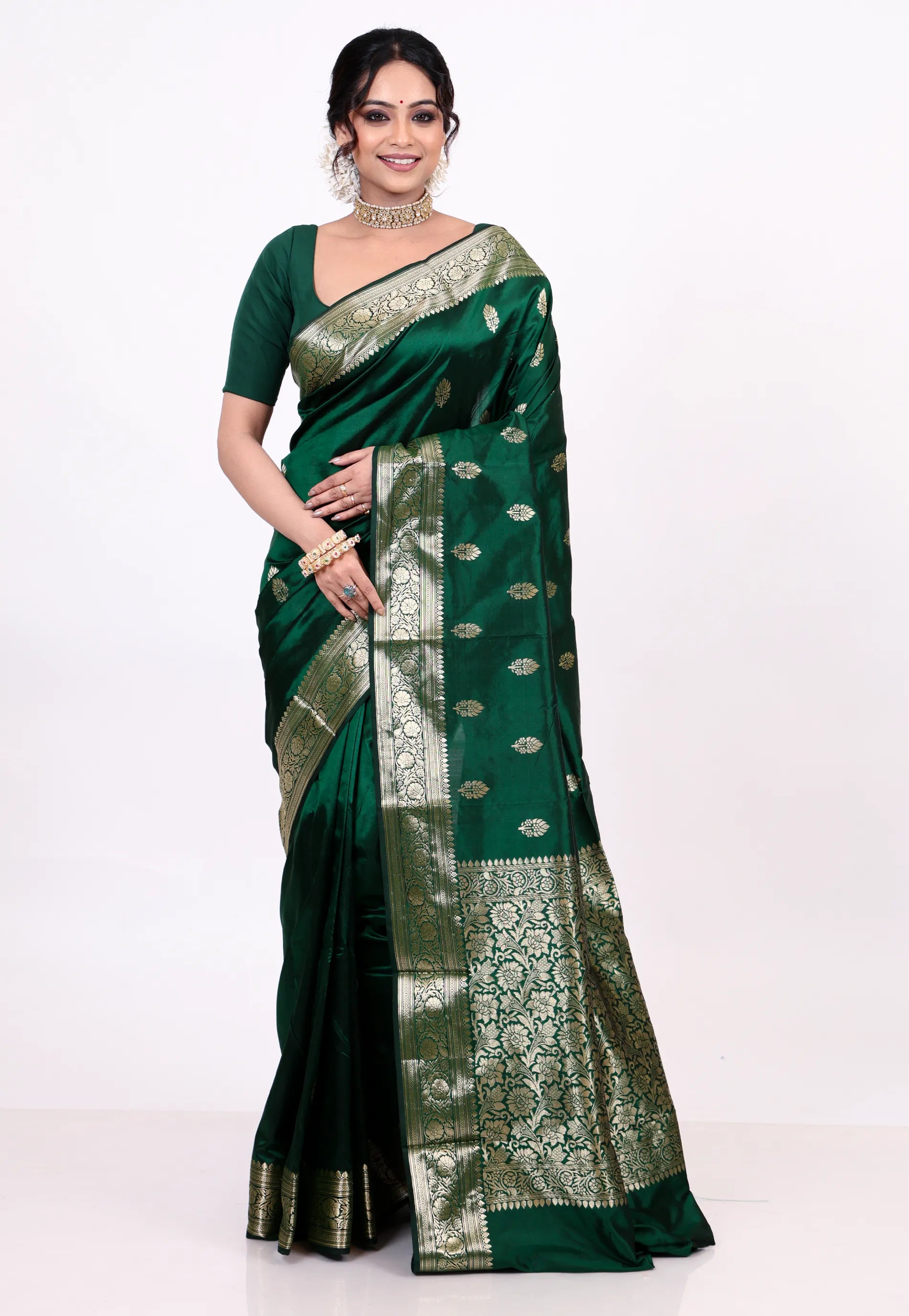 Cross Bottle Green Pure Katan Silk Saree with Blouse Piece - Adi Akshoy & Co.