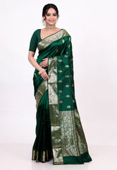 Cross Bottle Green Pure Katan Silk Saree with Blouse Piece - Adi Akshoy & Co.
