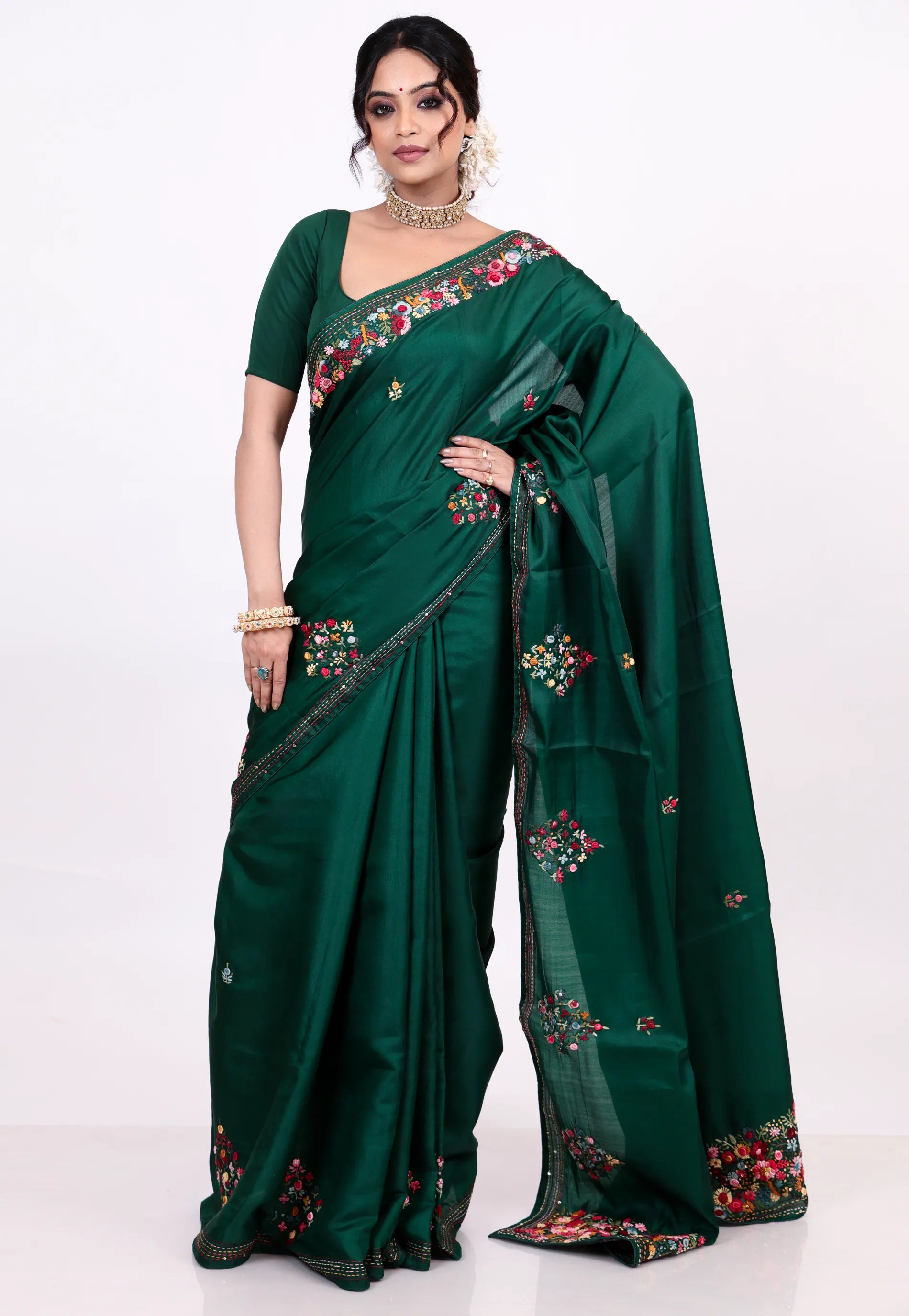 Bottle Green Kantha Silk Saree With Blouse Piece - Adi Akshoy & co.