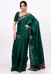 Bottle Green Kantha Silk Saree With Blouse Piece - Adi Akshoy & co.