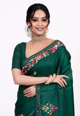 Bottle Green Kantha Silk Saree With Blouse Piece - Adi Akshoy & co.