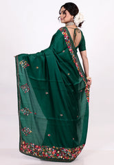 Bottle Green Kantha Silk Saree With Blouse Piece - Adi Akshoy & co.