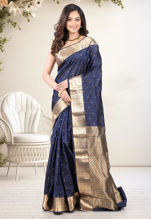 Navy Blue Pure Kanjivaram Silk Saree with Blouse Piece - Adi Akshoy & Co.