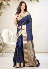 Navy Blue Pure Kanjivaram Silk Saree with Blouse Piece - Adi Akshoy & Co.